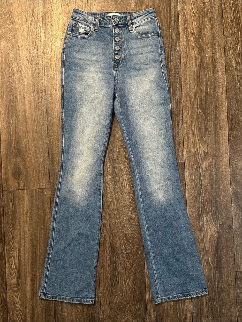 Cello medium wash high rise button fly boot cut jeans  Sz 1